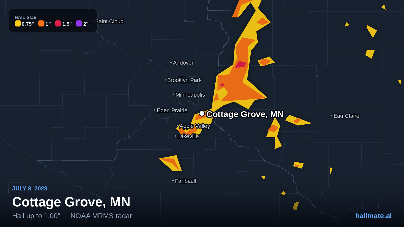Hail swath map for Cottage Grove, MN on July 3, 2023 showing 1.00 inch hail.
