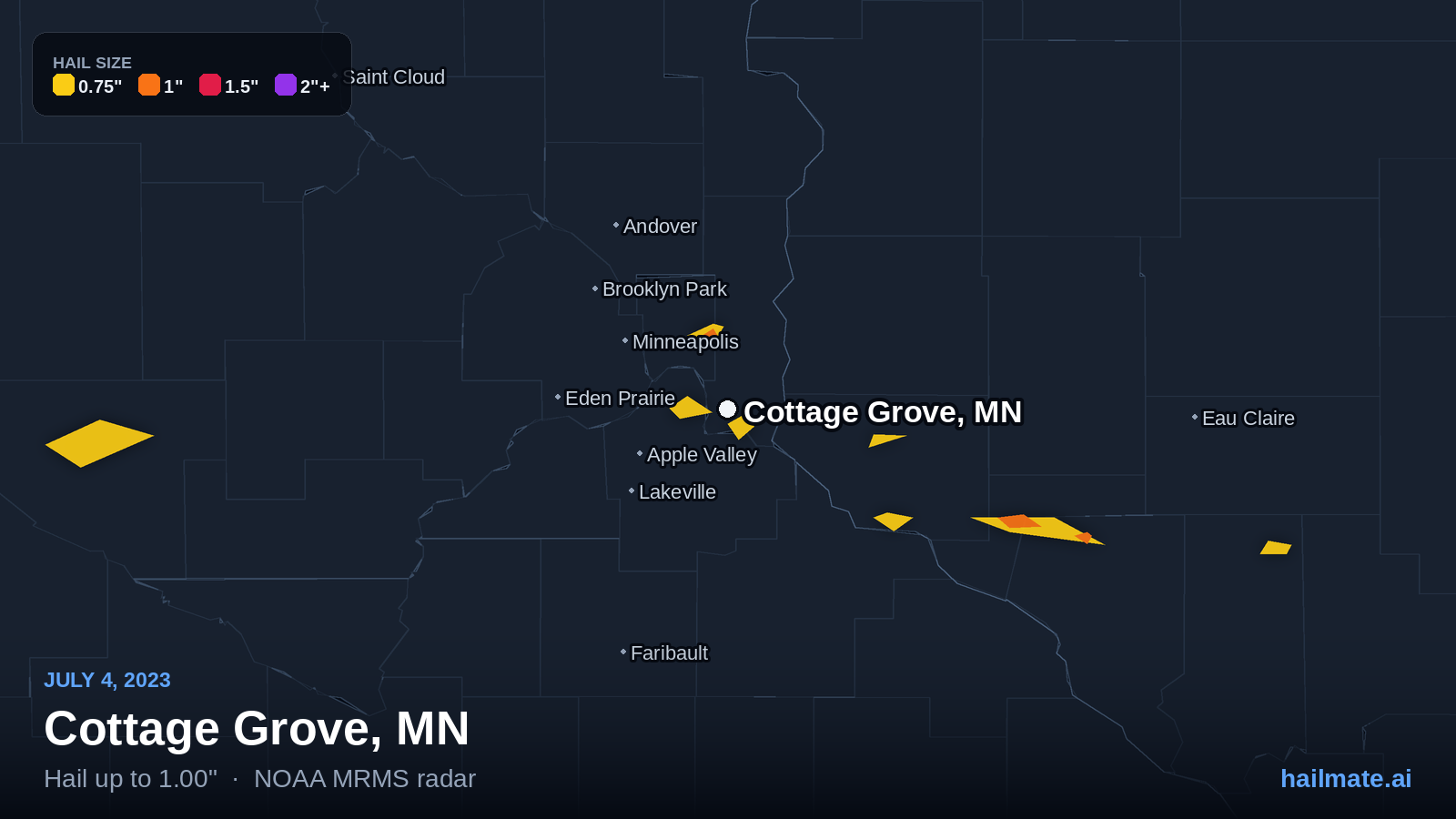 Hail swath map for Cottage Grove, MN on July 4, 2023 showing 1.00 inch hail.