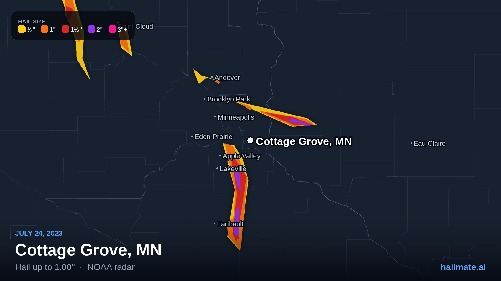 Hail swath map for Cottage Grove, MN on July 24, 2023 showing 1.00 inch hail.
