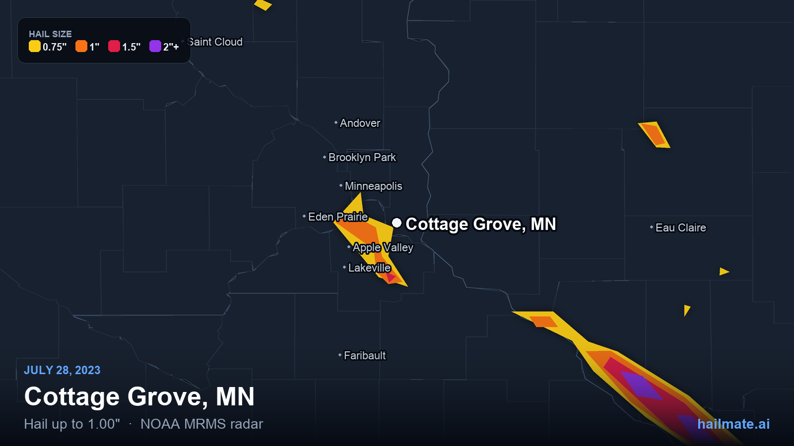 Hail swath map for Cottage Grove, MN on July 28, 2023 showing 1.00 inch hail.
