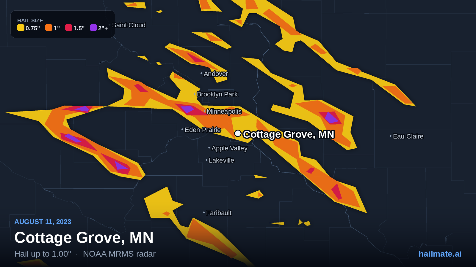 Hail swath map for Cottage Grove, MN on August 11, 2023 showing 1.00 inch hail.