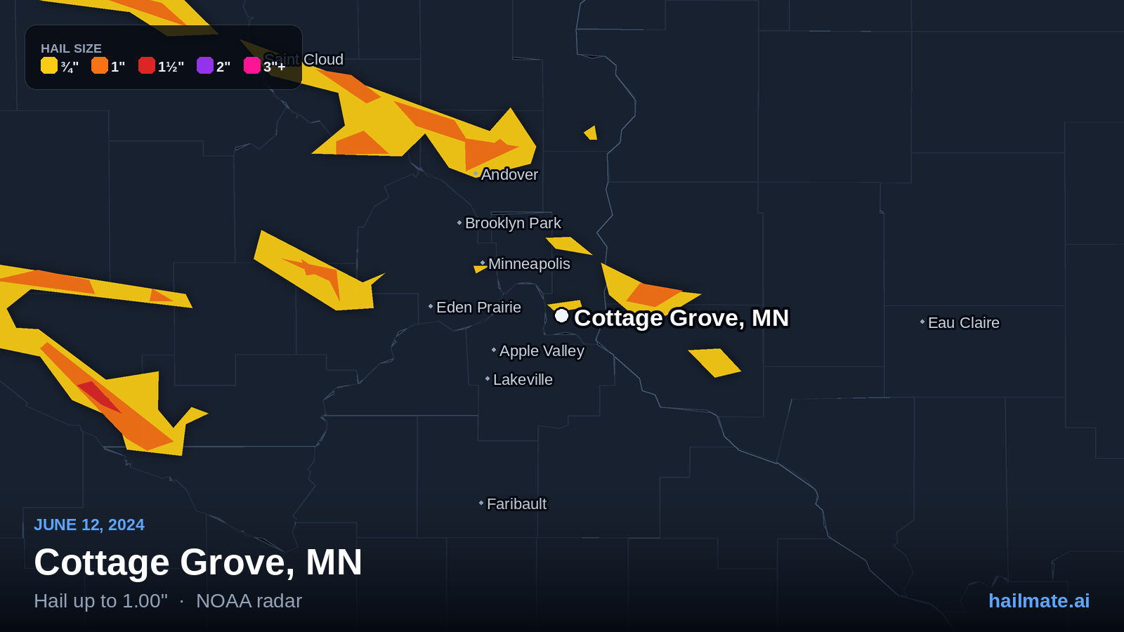 Hail swath map for Cottage Grove, MN on June 12, 2024 showing 1.00 inch hail.
