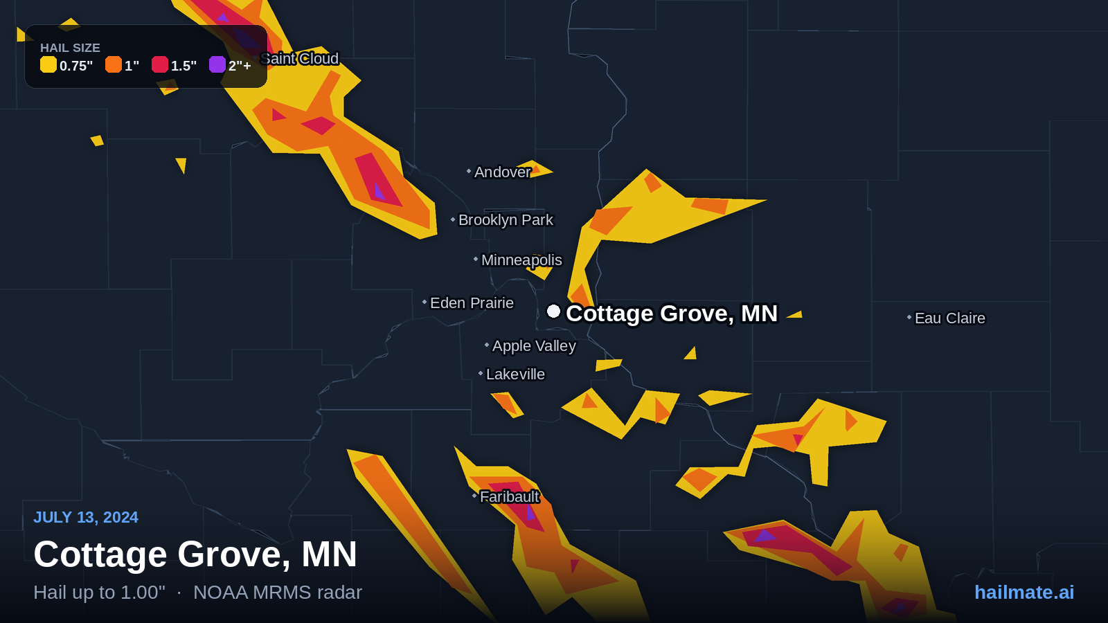 Hail swath map for Cottage Grove, MN on July 13, 2024 showing 1.00 inch hail.