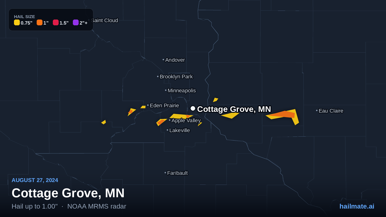 Hail swath map for Cottage Grove, MN on August 27, 2024 showing 1.00 inch hail.
