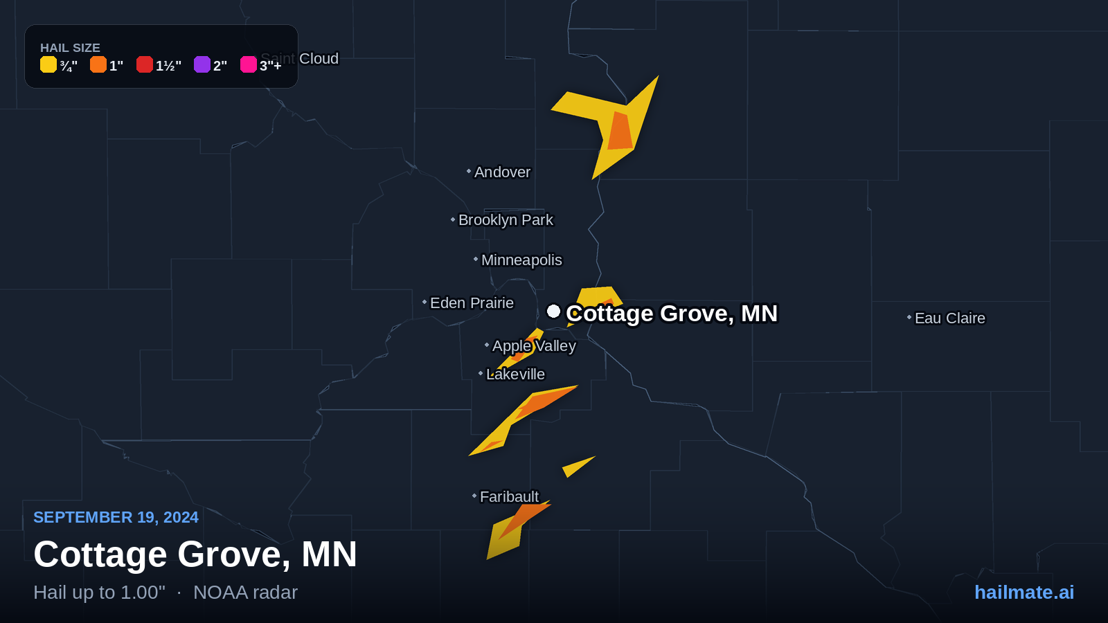 Hail swath map for Cottage Grove, MN on September 19, 2024 showing 1.00 inch hail.