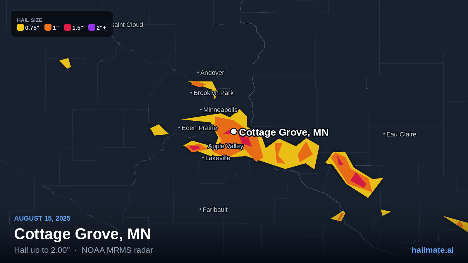 Hail swath map for Cottage Grove, MN on August 15, 2025 showing 2.00 inch hail.