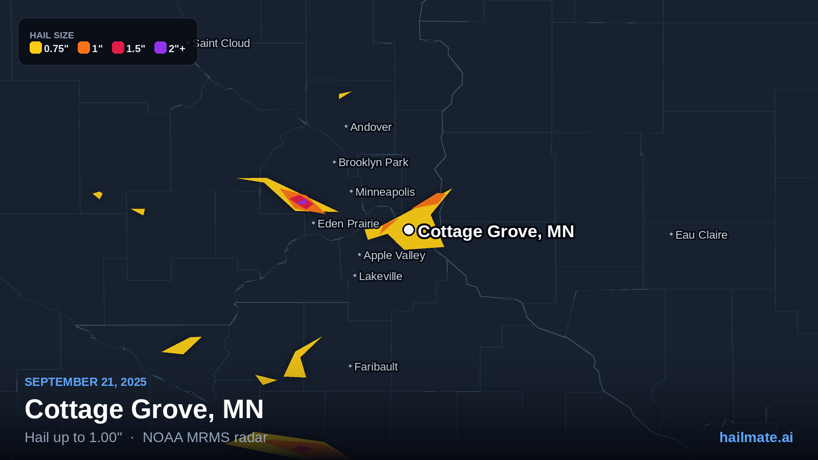 Hail swath map for Cottage Grove, MN on September 21, 2025 showing 1.00 inch hail.