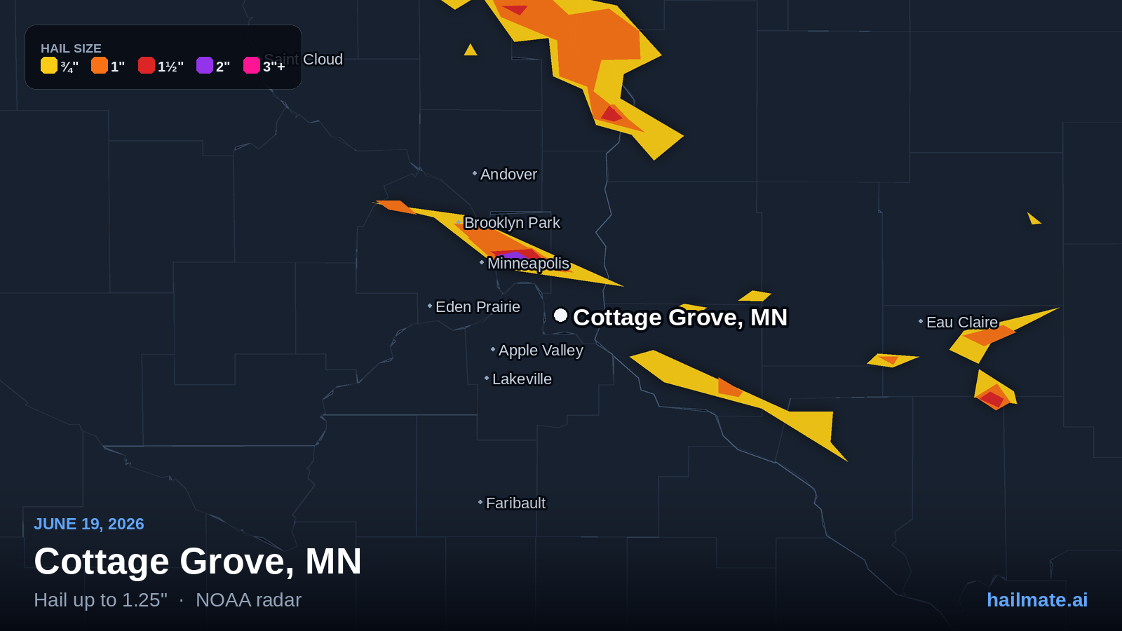 Hail swath map for Cottage Grove, MN on June 19, 2026 showing 1.25 inch hail.