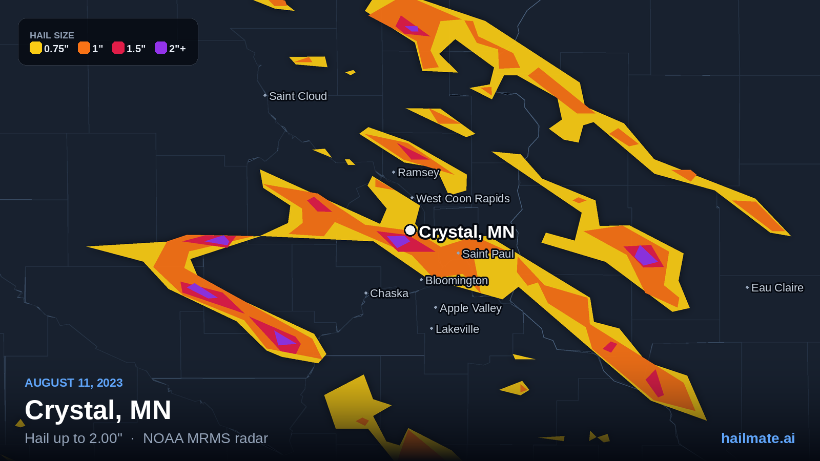 Hail swath map for Crystal, MN on August 11, 2023 showing 2.00 inch hail.