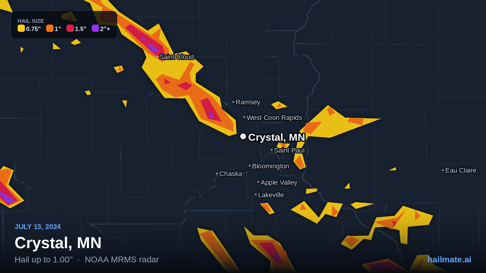 Hail swath map for Crystal, MN on July 13, 2024 showing 1.00 inch hail.