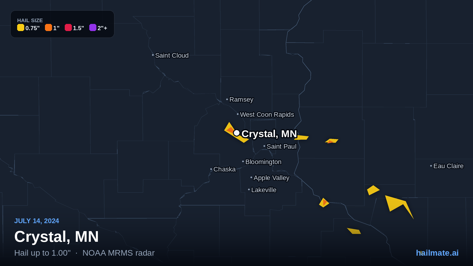 Hail swath map for Crystal, MN on July 14, 2024 showing 1.00 inch hail.