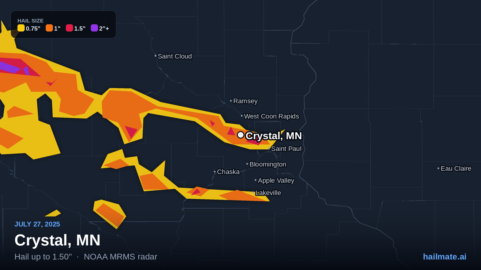 Hail swath map for Crystal, MN on July 27, 2025 showing 1.50 inch hail.