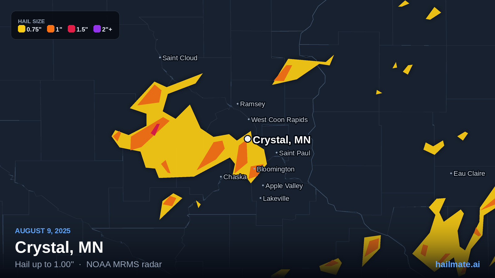 Hail swath map for Crystal, MN on August 9, 2025 showing 1.00 inch hail.