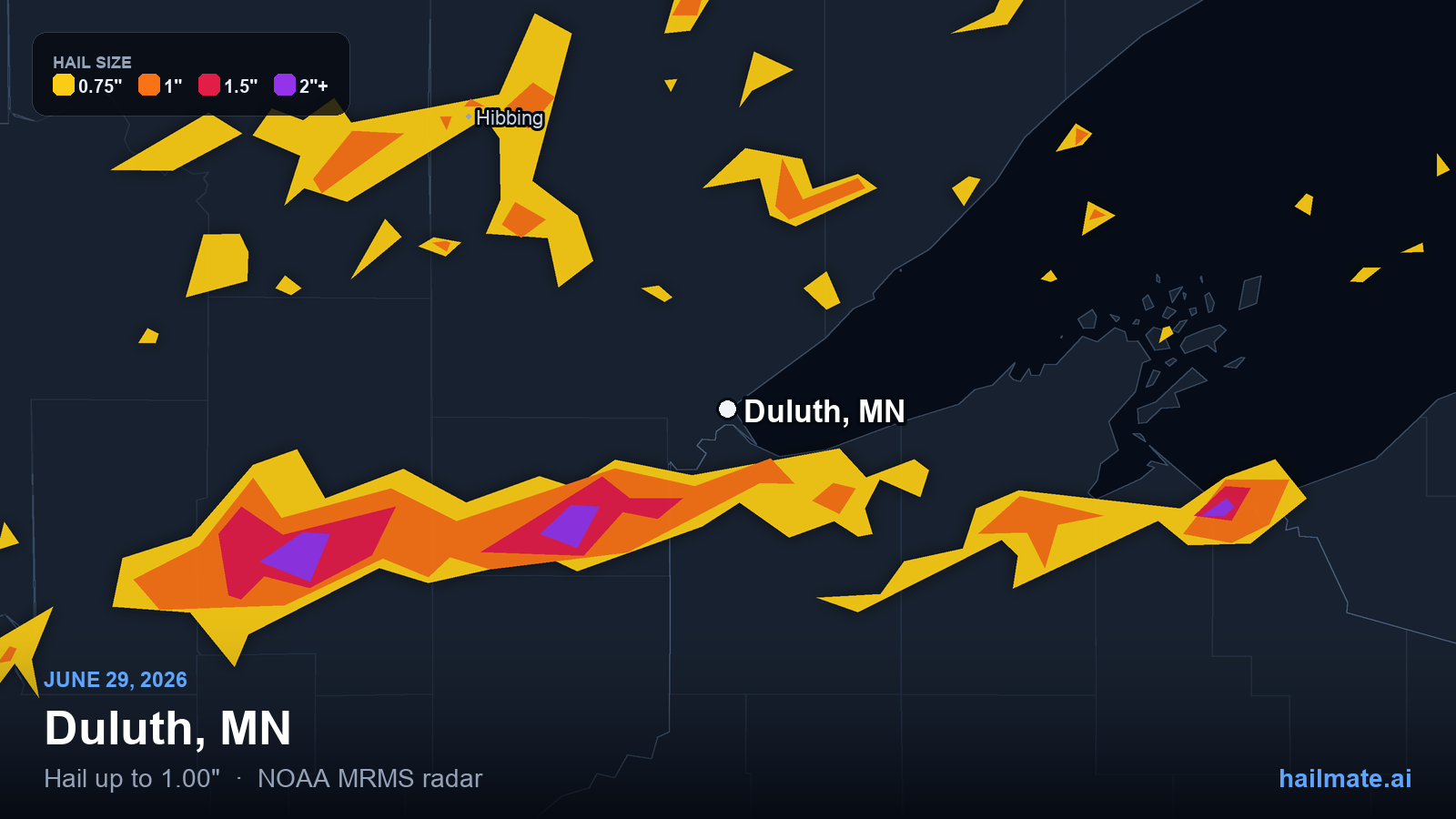 Hail swath map for Duluth, MN on June 29, 2026 showing 1.00 inch hail.