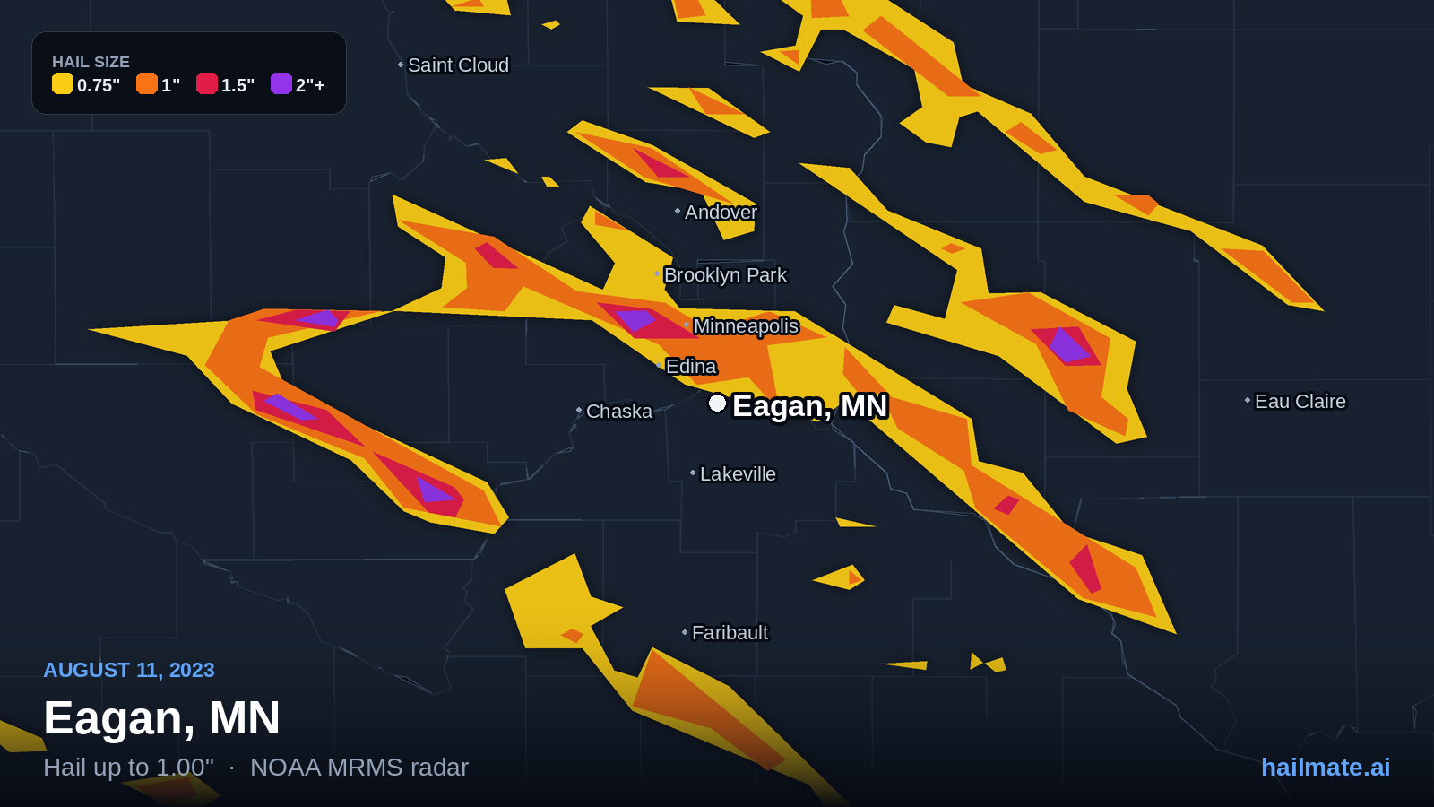 Hail swath map for Eagan, MN on August 11, 2023 showing 1.00 inch hail.