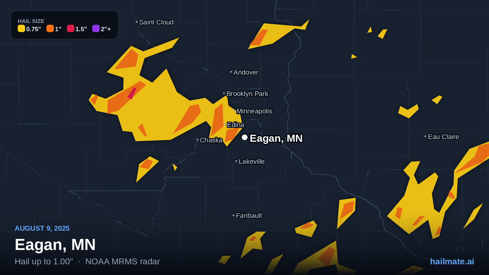 Hail swath map for Eagan, MN on August 9, 2025 showing 1.00 inch hail.