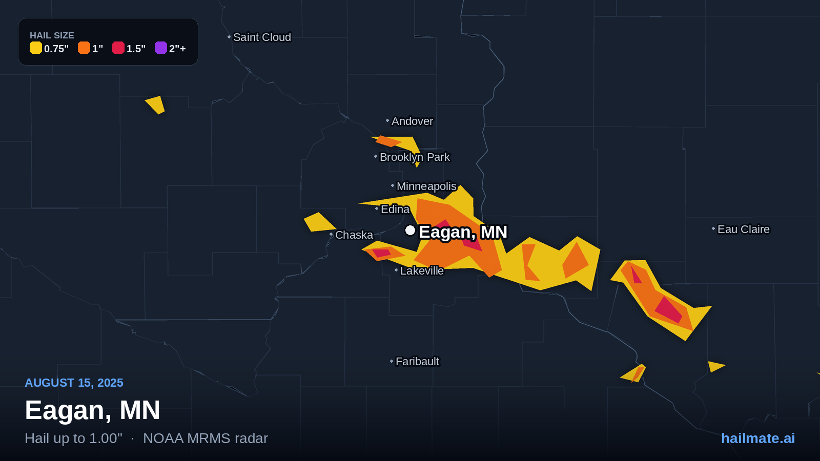 Hail swath map for Eagan, MN on August 15, 2025 showing 1.00 inch hail.