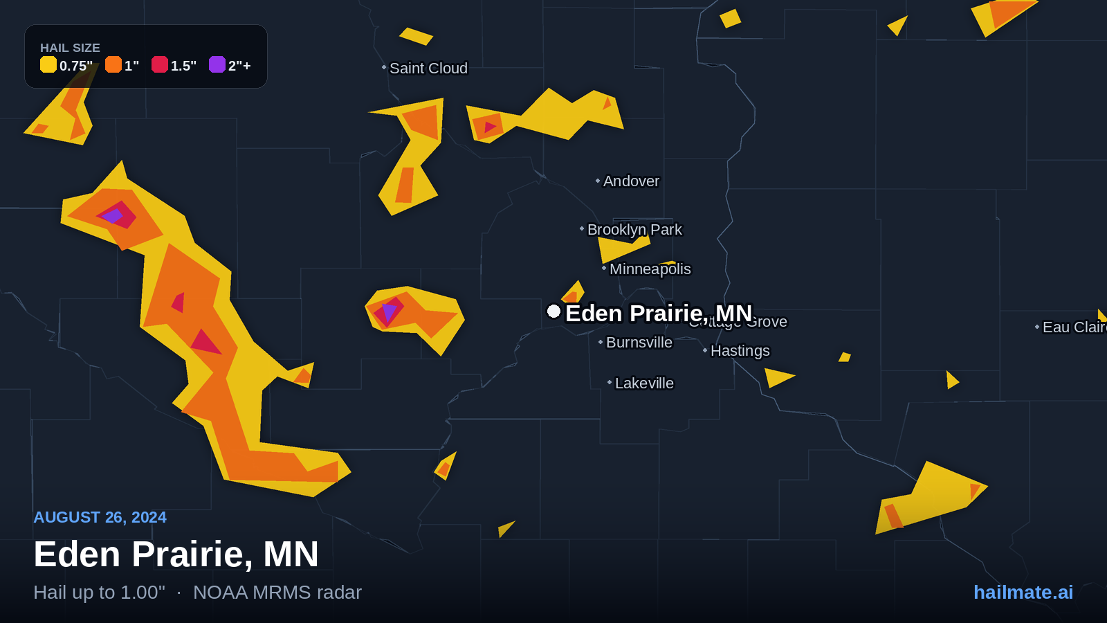 Hail swath map for Eden Prairie, MN on August 26, 2024 showing 1.00 inch hail.
