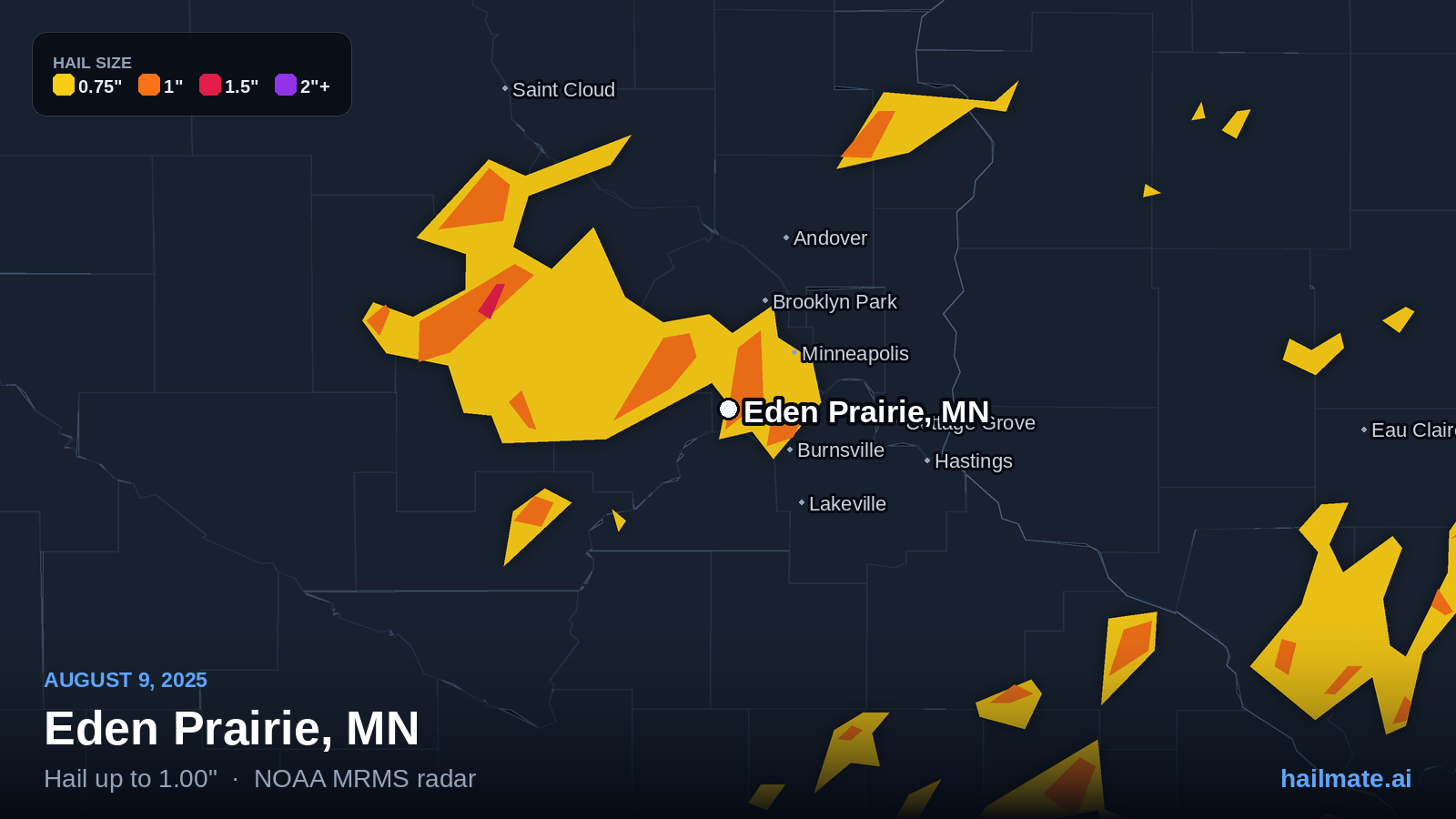Hail swath map for Eden Prairie, MN on August 9, 2025 showing 1.00 inch hail.