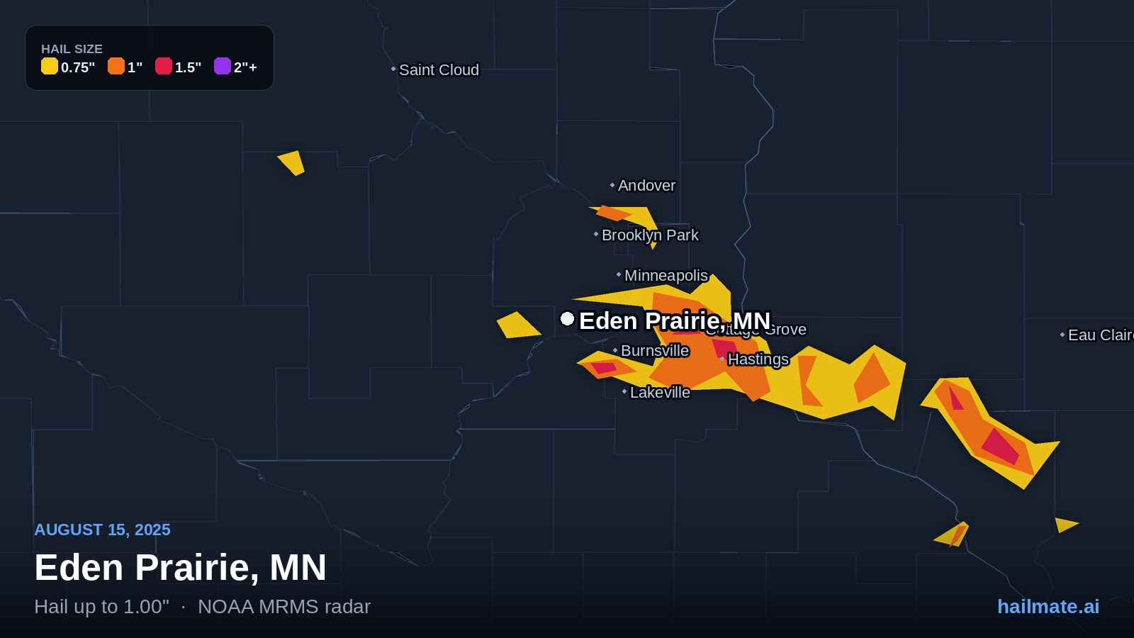 Hail swath map for Eden Prairie, MN on August 15, 2025 showing 1.00 inch hail.