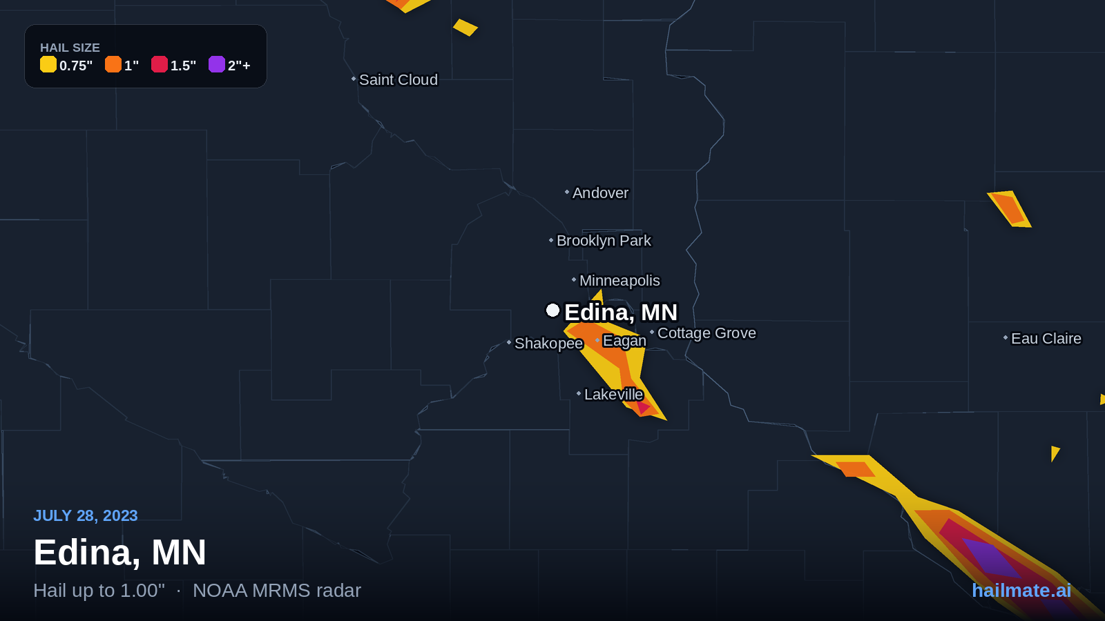 Hail swath map for Edina, MN on July 28, 2023 showing 1.00 inch hail.
