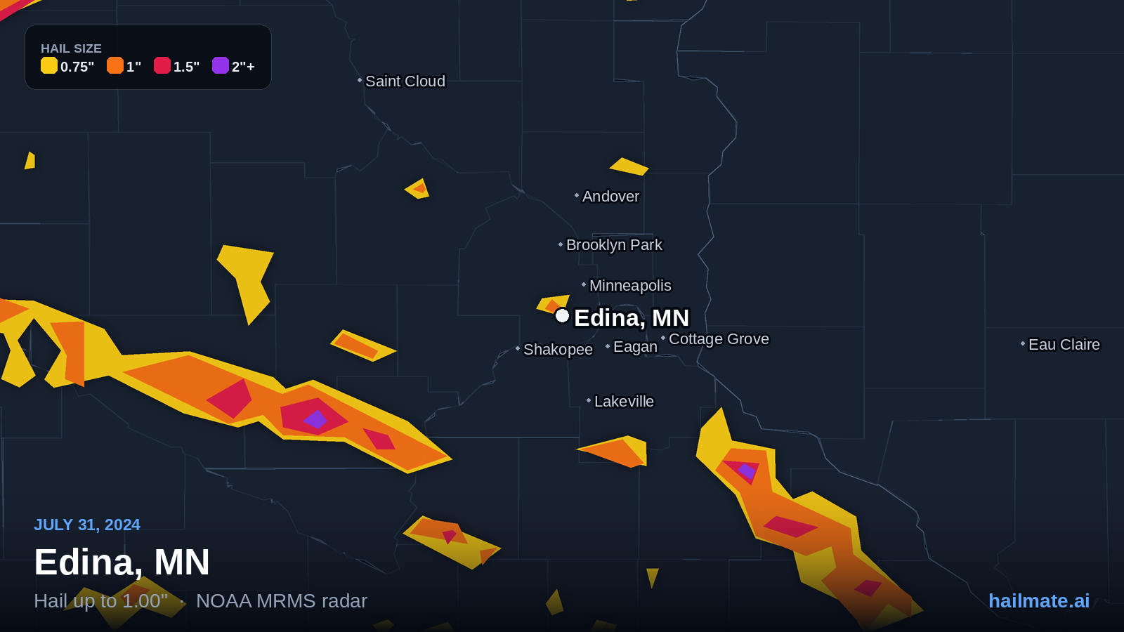 Hail swath map for Edina, MN on July 31, 2024 showing 1.00 inch hail.