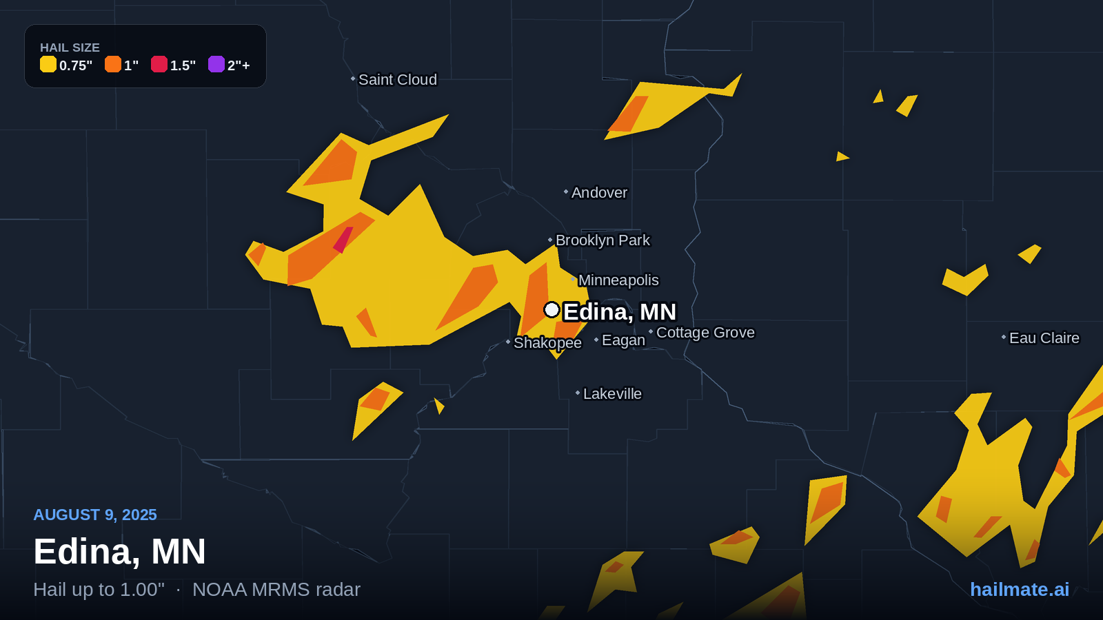 Hail swath map for Edina, MN on August 9, 2025 showing 1.00 inch hail.