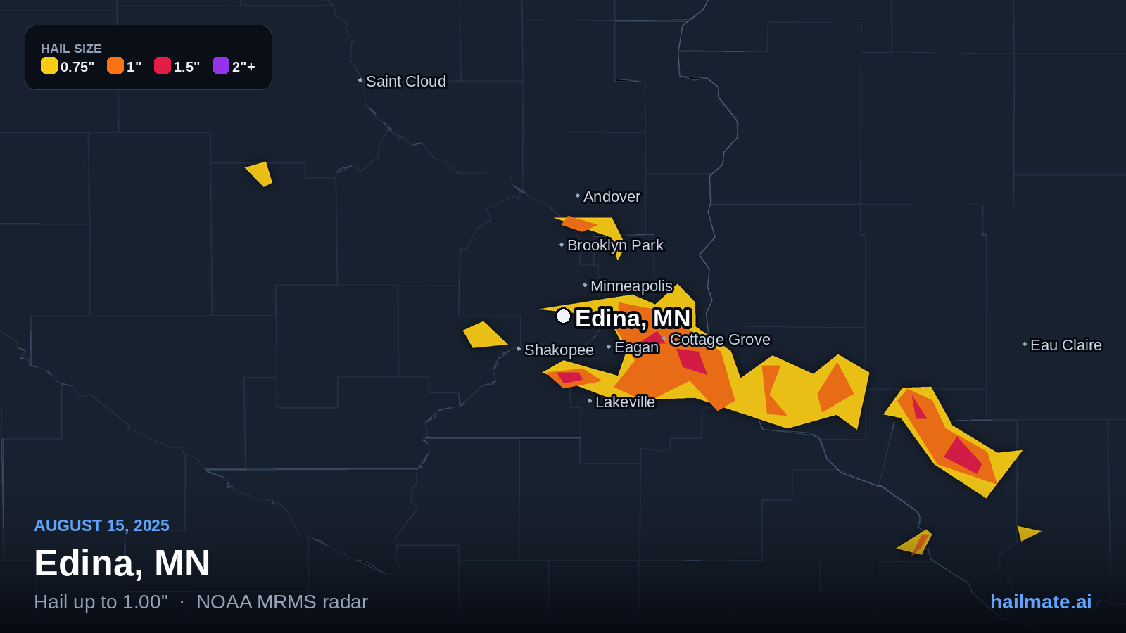 Hail swath map for Edina, MN on August 15, 2025 showing 1.00 inch hail.