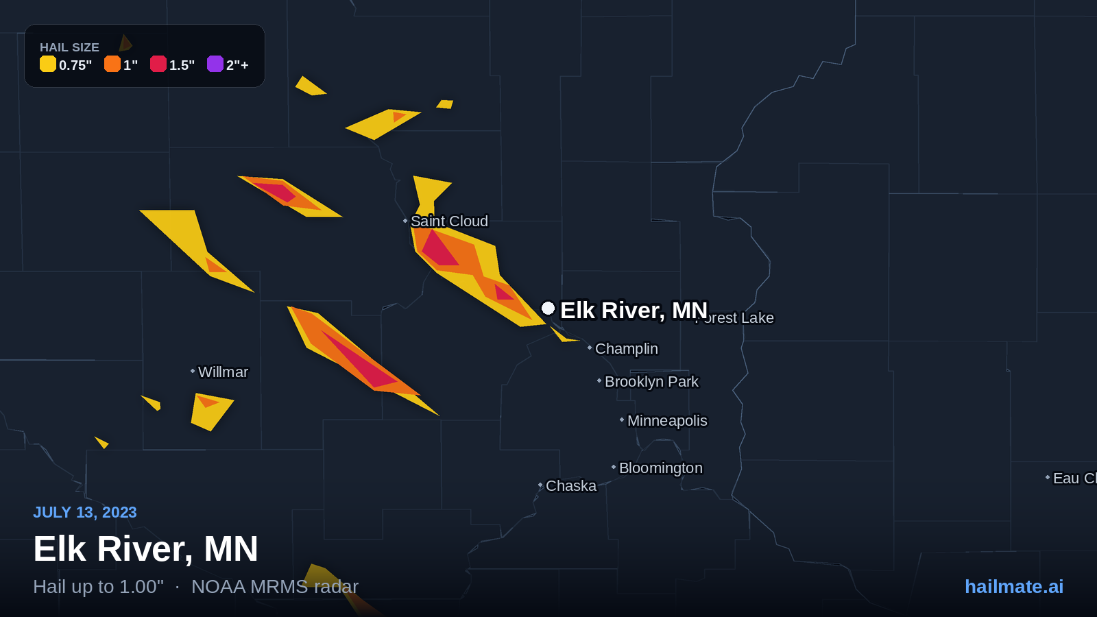 Hail swath map for Elk River, MN on July 13, 2023 showing 1.00 inch hail.