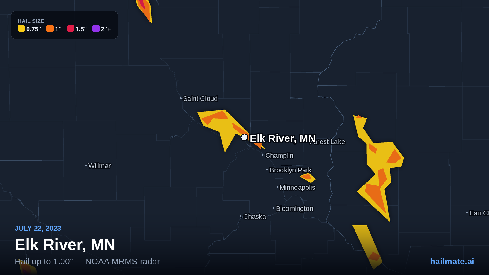 Hail swath map for Elk River, MN on July 22, 2023 showing 1.00 inch hail.