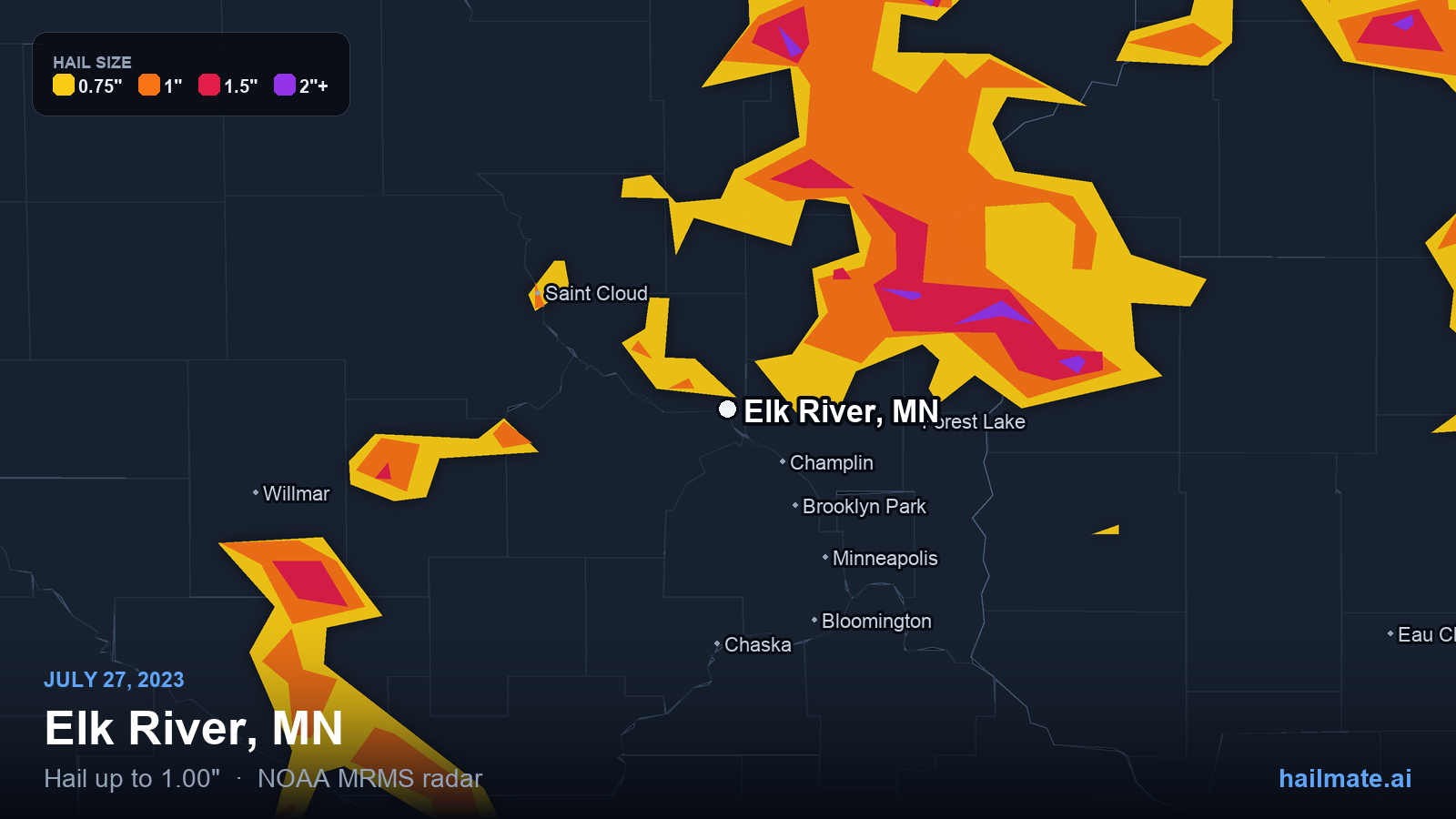 Hail swath map for Elk River, MN on July 27, 2023 showing 1.00 inch hail.
