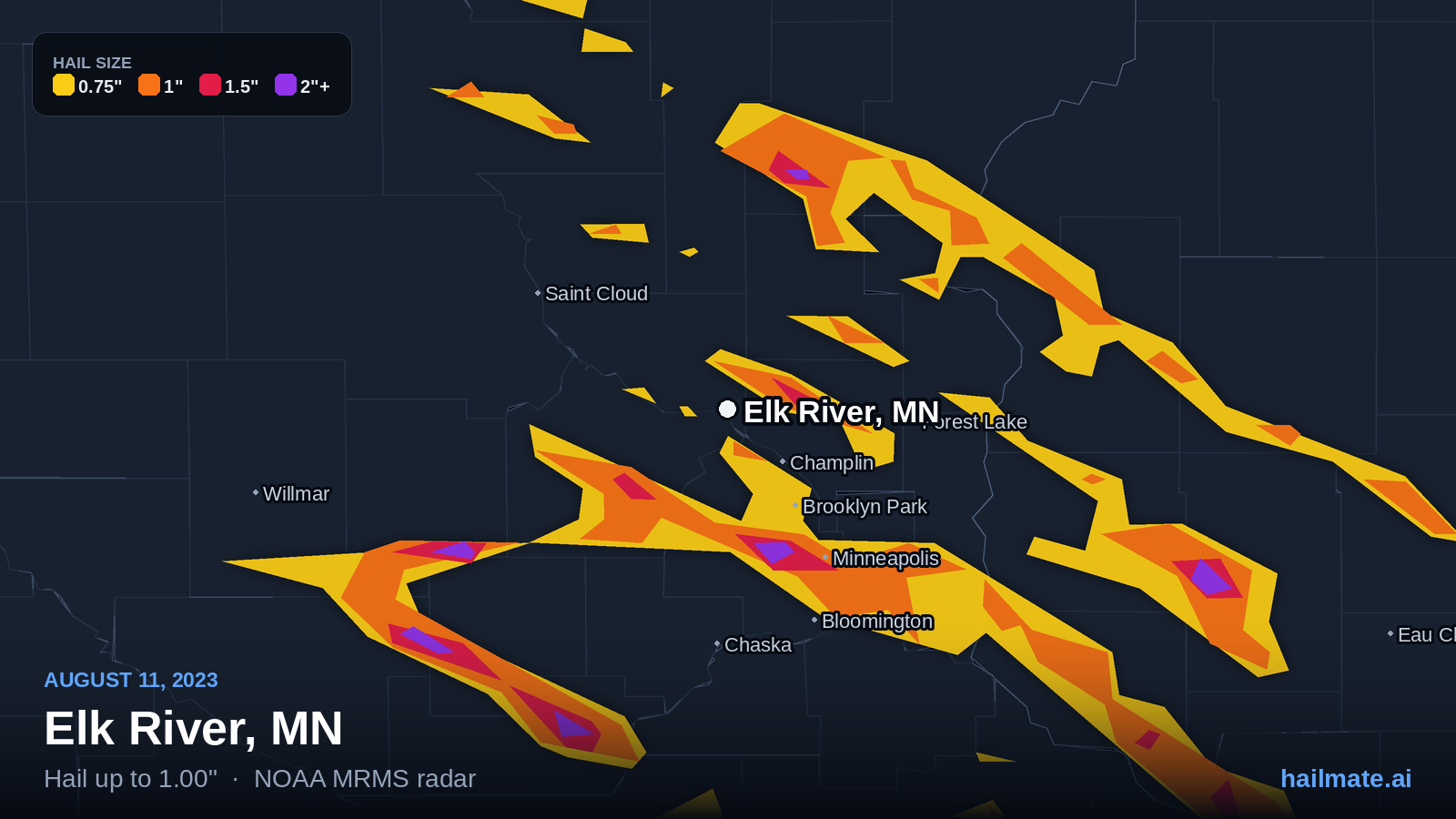Hail swath map for Elk River, MN on August 11, 2023 showing 1.00 inch hail.