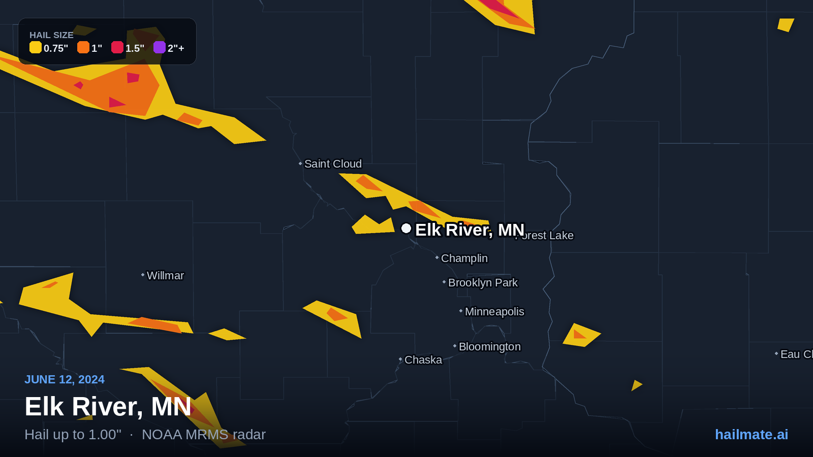 Hail swath map for Elk River, MN on June 12, 2024 showing 1.00 inch hail.