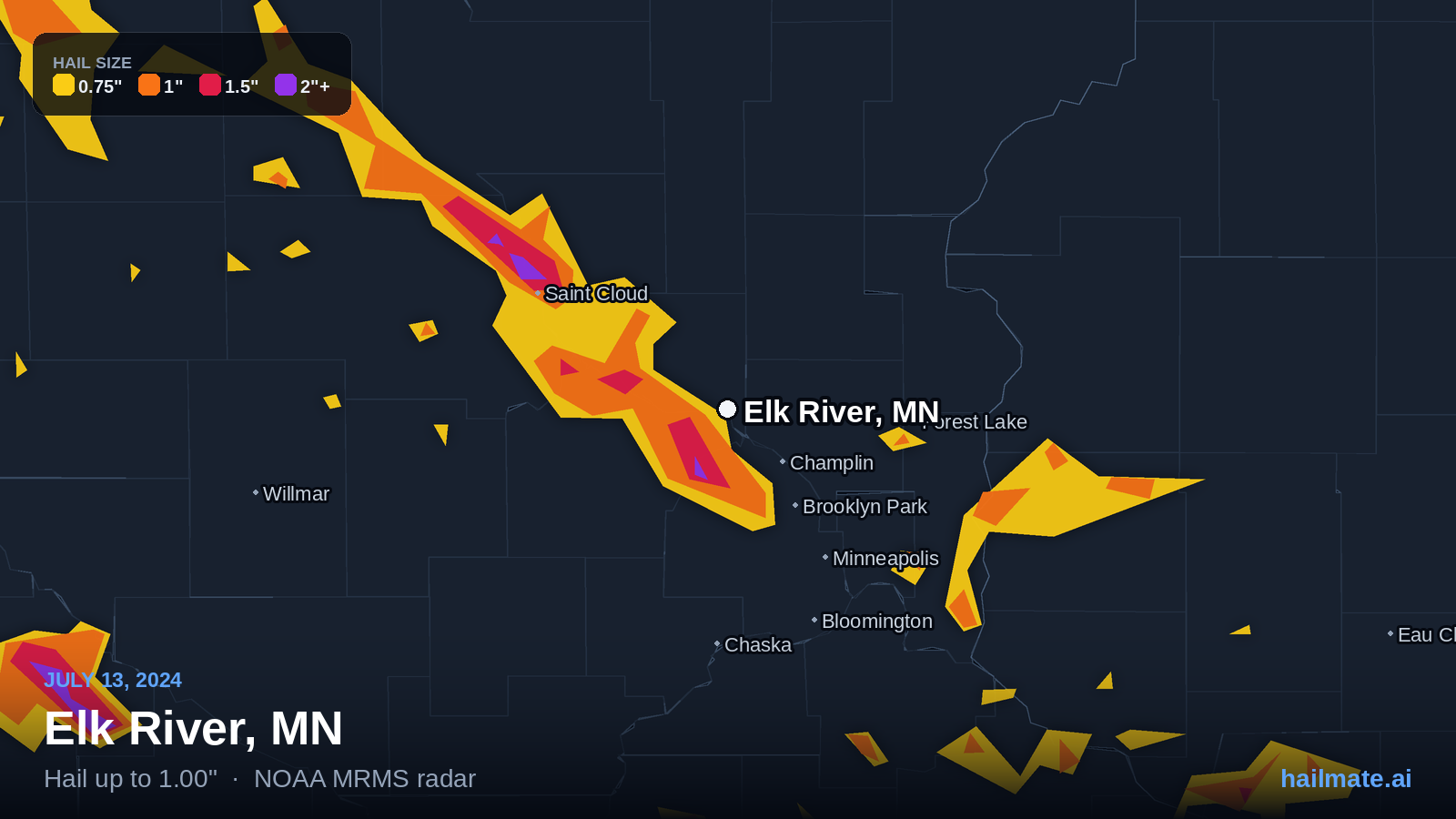 Hail swath map for Elk River, MN on July 13, 2024 showing 1.00 inch hail.