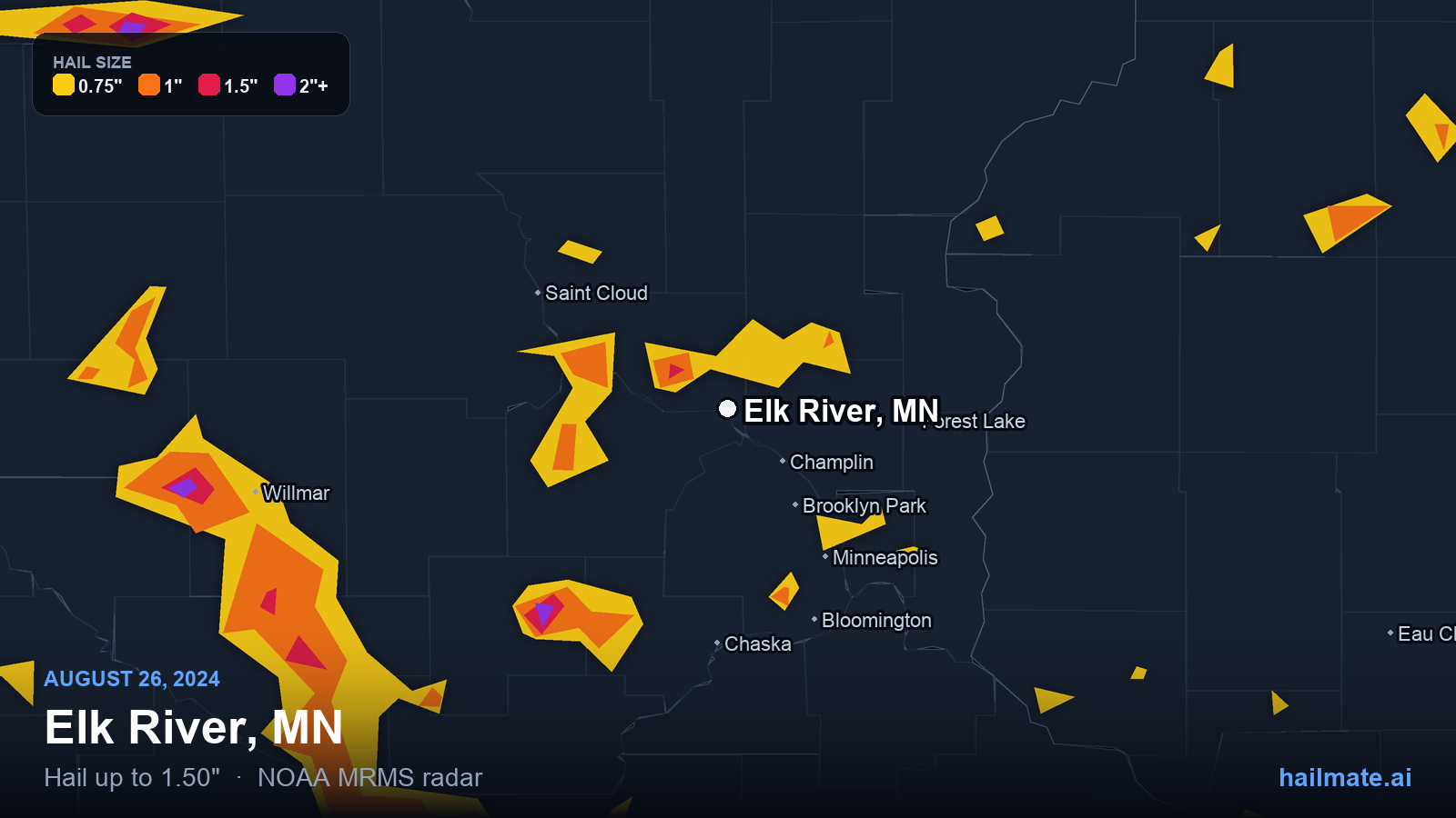 Hail swath map for Elk River, MN on August 26, 2024 showing 1.50 inch hail.
