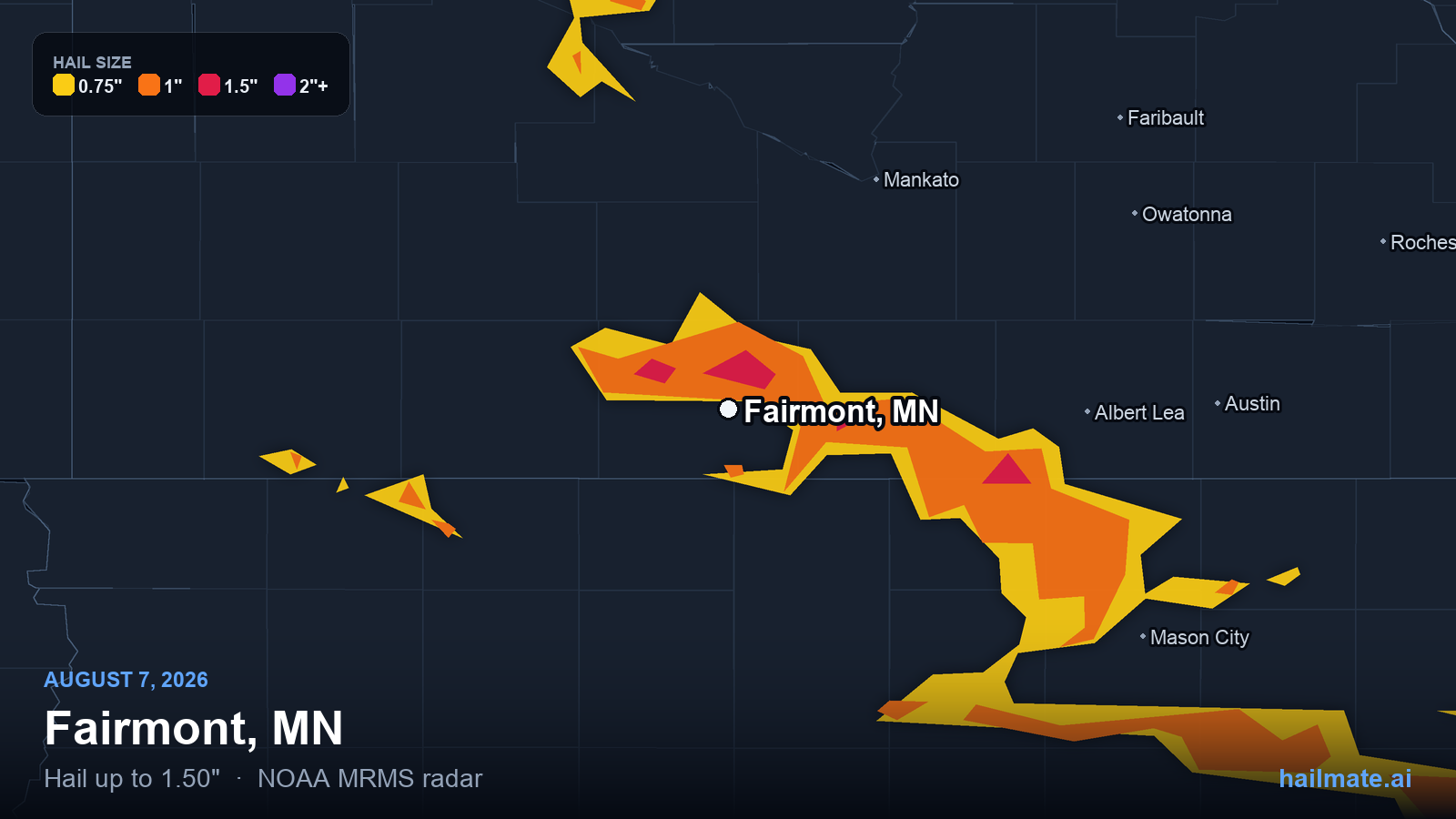 Hail swath map for Fairmont, MN on August 7, 2026 showing 1.50 inch hail.