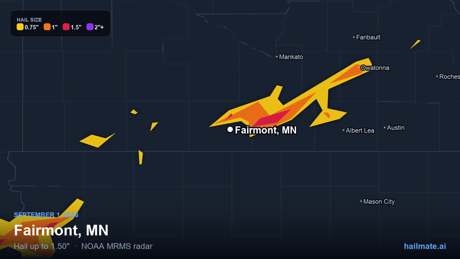 Hail swath map for Fairmont, MN on September 1, 2026 showing 1.50 inch hail.