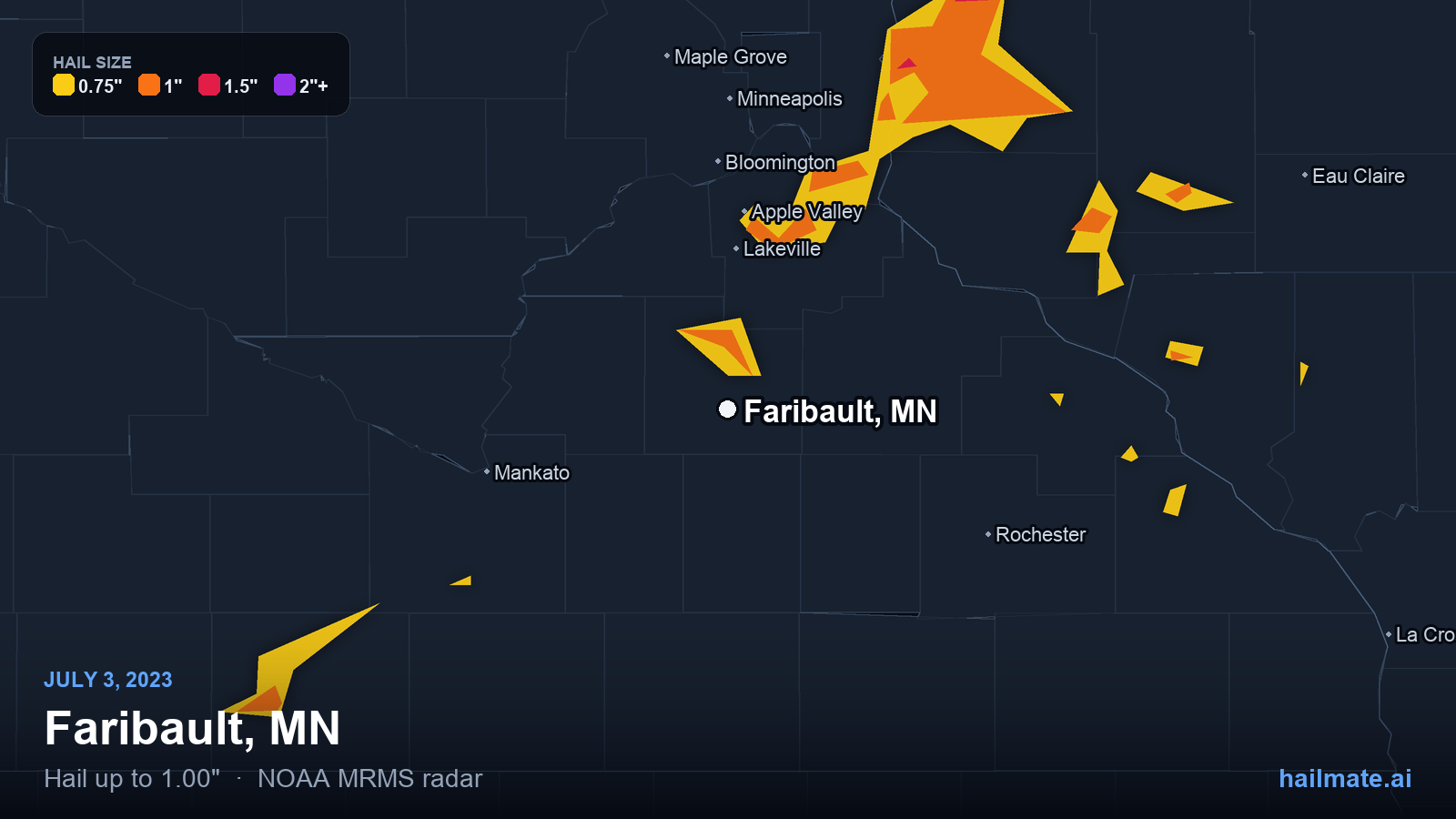 Hail swath map for Faribault, MN on July 3, 2023 showing 1.00 inch hail.
