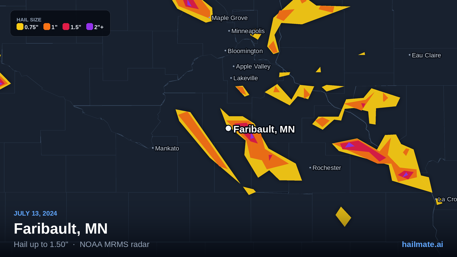 Hail swath map for Faribault, MN on July 13, 2024 showing 1.50 inch hail.