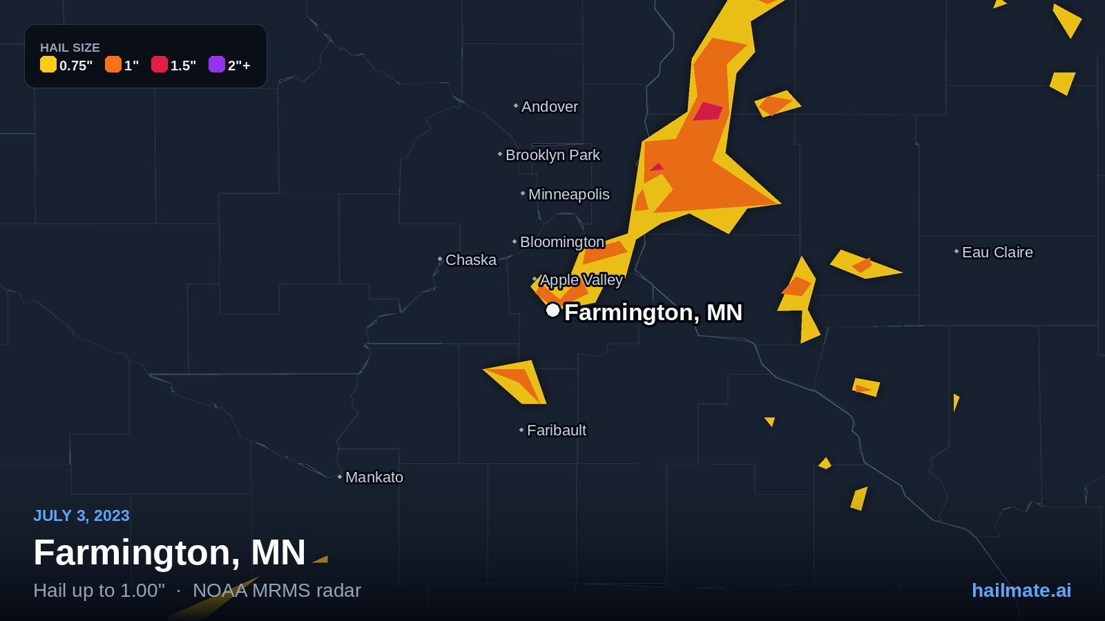 Hail swath map for Farmington, MN on July 3, 2023 showing 1.00 inch hail.