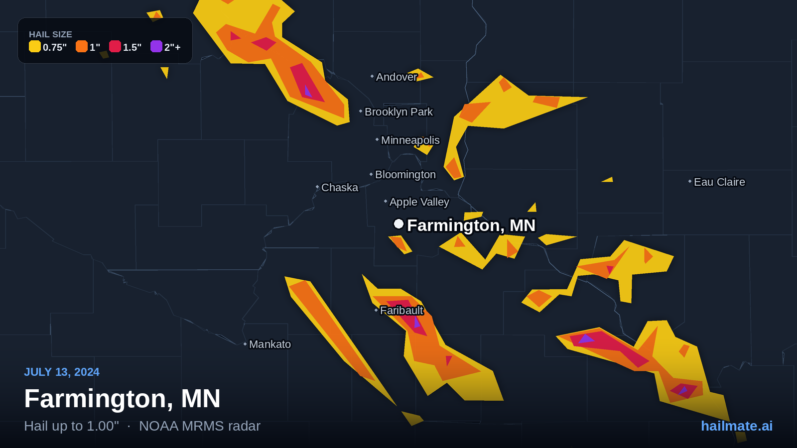 Hail swath map for Farmington, MN on July 13, 2024 showing 1.00 inch hail.
