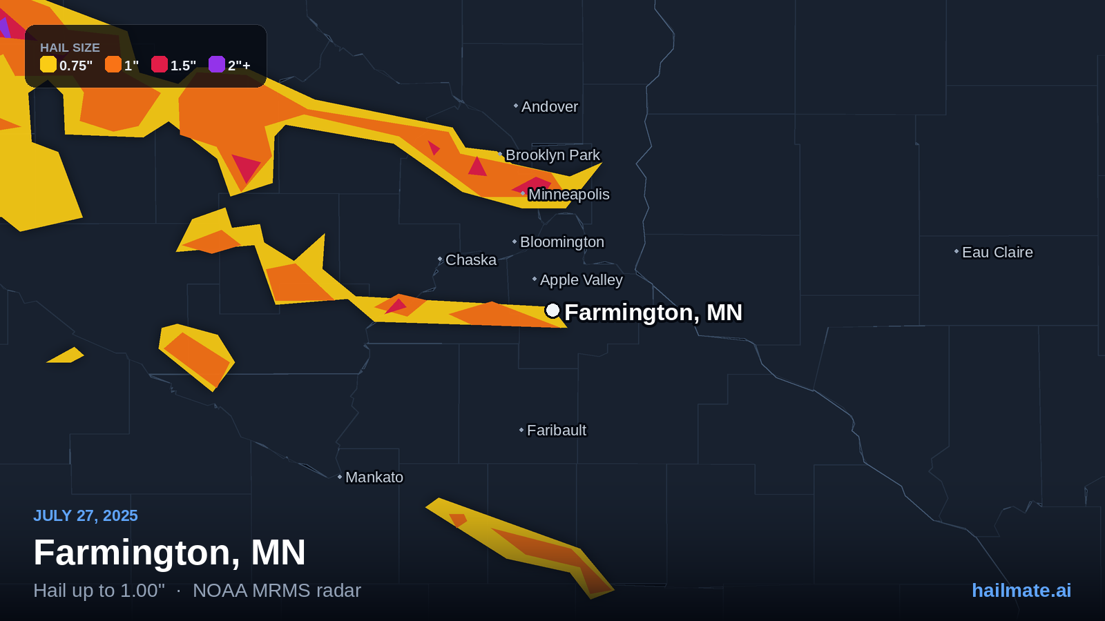 Hail swath map for Farmington, MN on July 27, 2025 showing 1.00 inch hail.