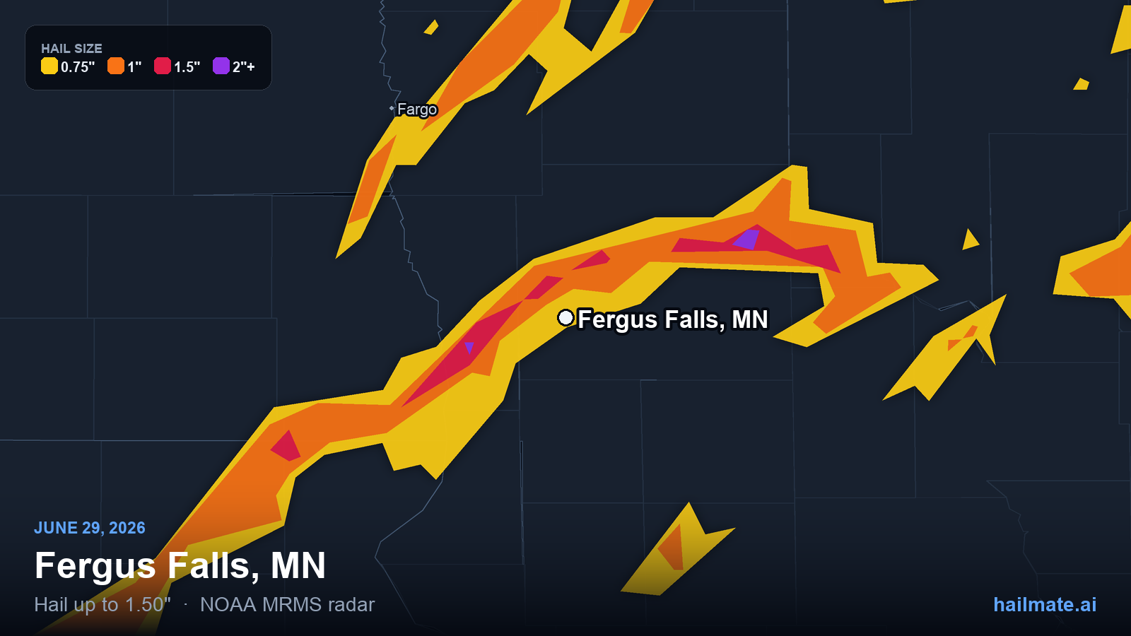 Hail swath map for Fergus Falls, MN on June 29, 2026 showing 1.50 inch hail.
