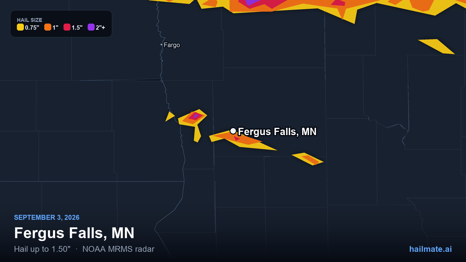 Hail swath map for Fergus Falls, MN on September 3, 2026 showing 1.50 inch hail.