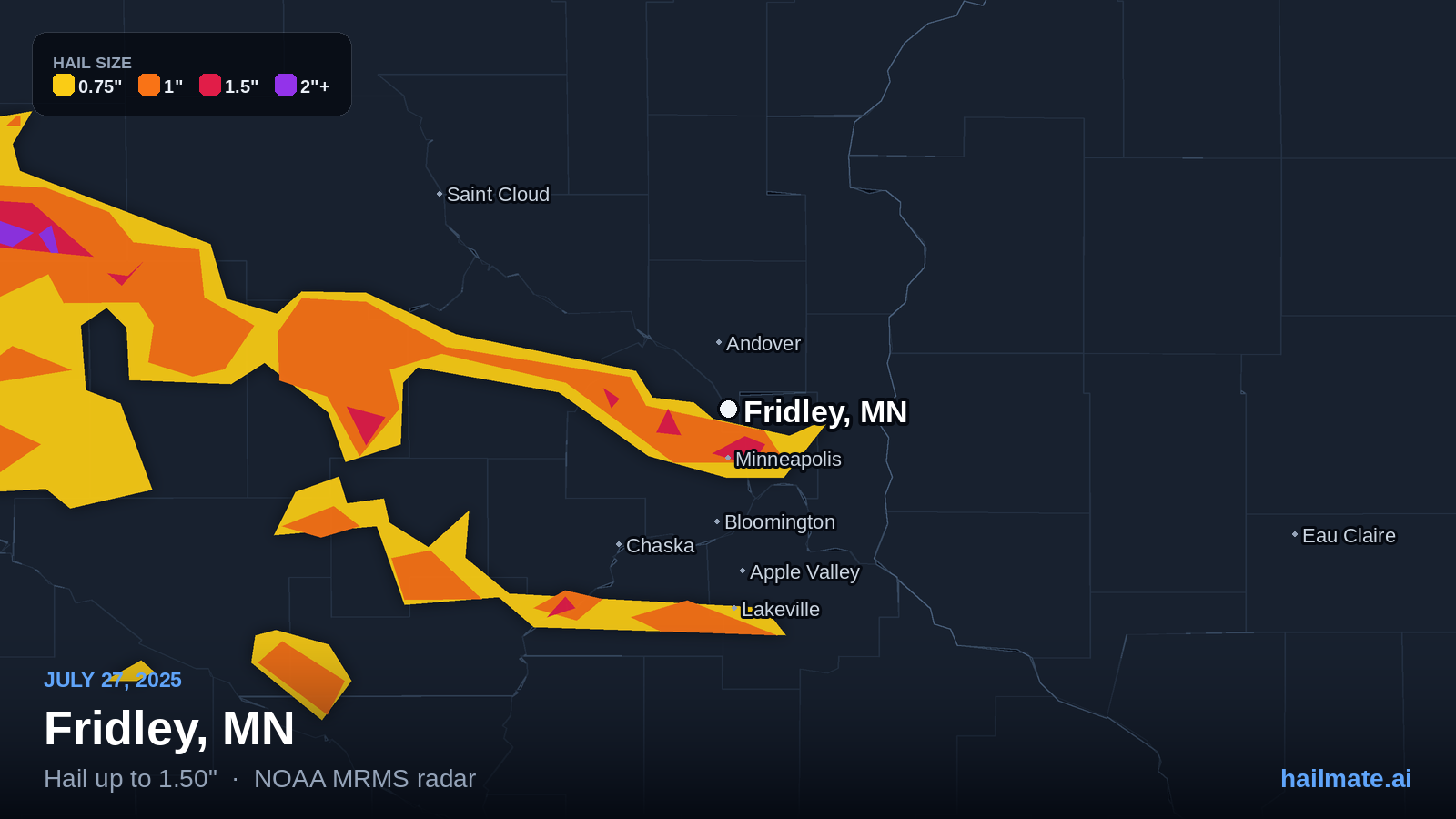 Hail swath map for Fridley, MN on July 27, 2025 showing 1.50 inch hail.