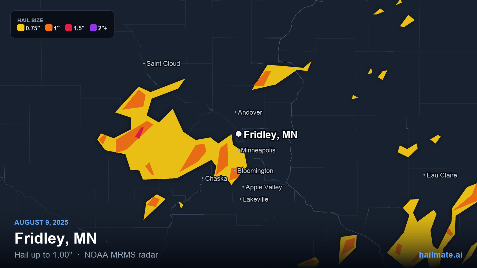 Hail swath map for Fridley, MN on August 9, 2025 showing 1.00 inch hail.