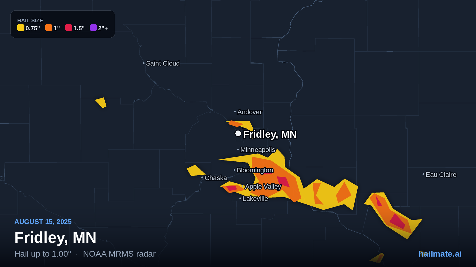 Hail swath map for Fridley, MN on August 15, 2025 showing 1.00 inch hail.