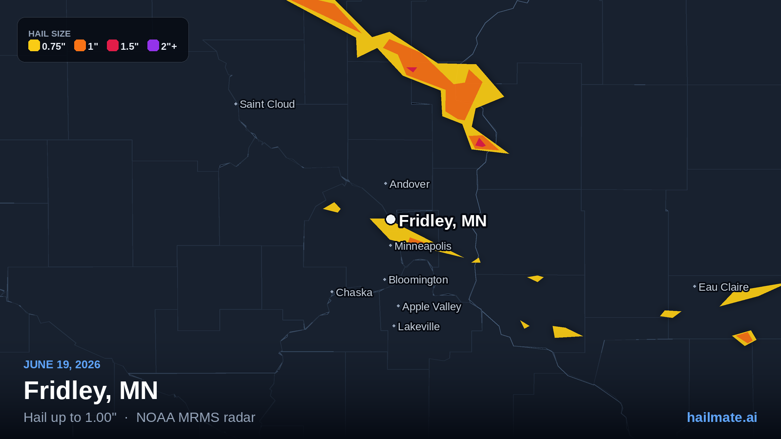 Hail swath map for Fridley, MN on June 19, 2026 showing 1.00 inch hail.