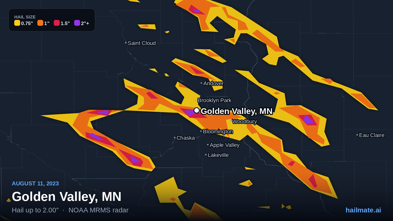 Hail swath map for Golden Valley, MN on August 11, 2023 showing 2.00 inch hail.