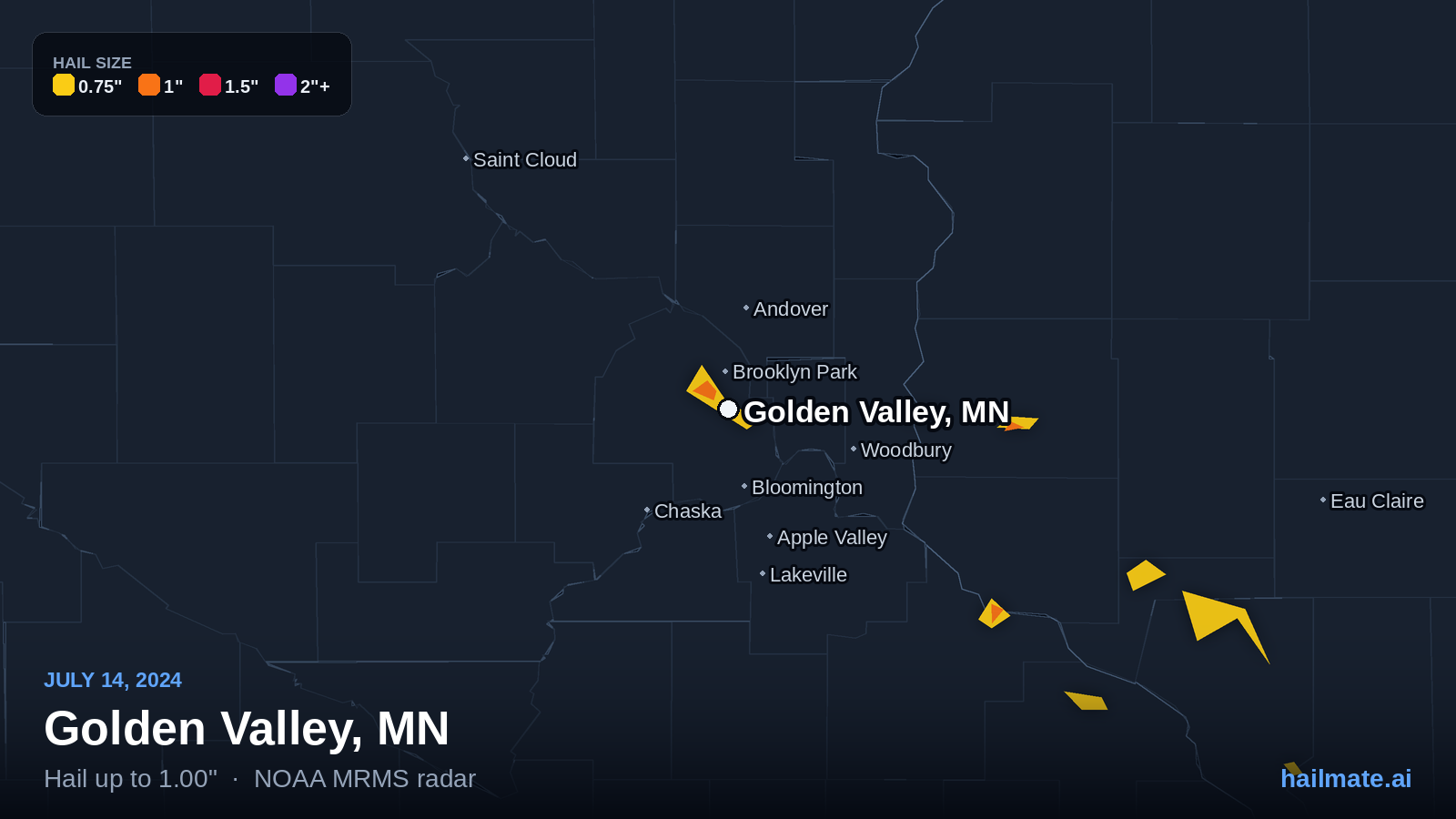 Hail swath map for Golden Valley, MN on July 14, 2024 showing 1.00 inch hail.